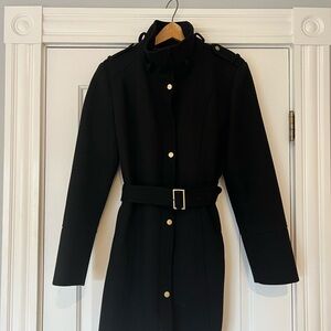Cole Haan Black Coat with black leather trim and gold buttons and belt.
